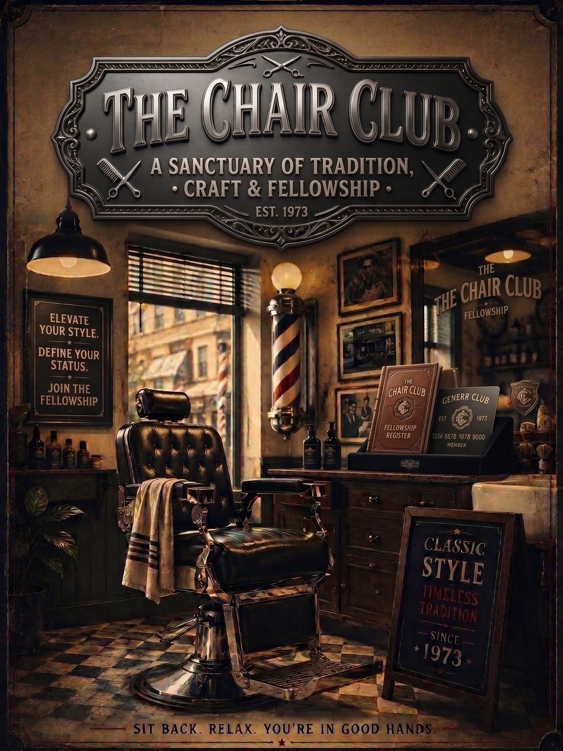 The Chair Club sign above a vintage barber chair