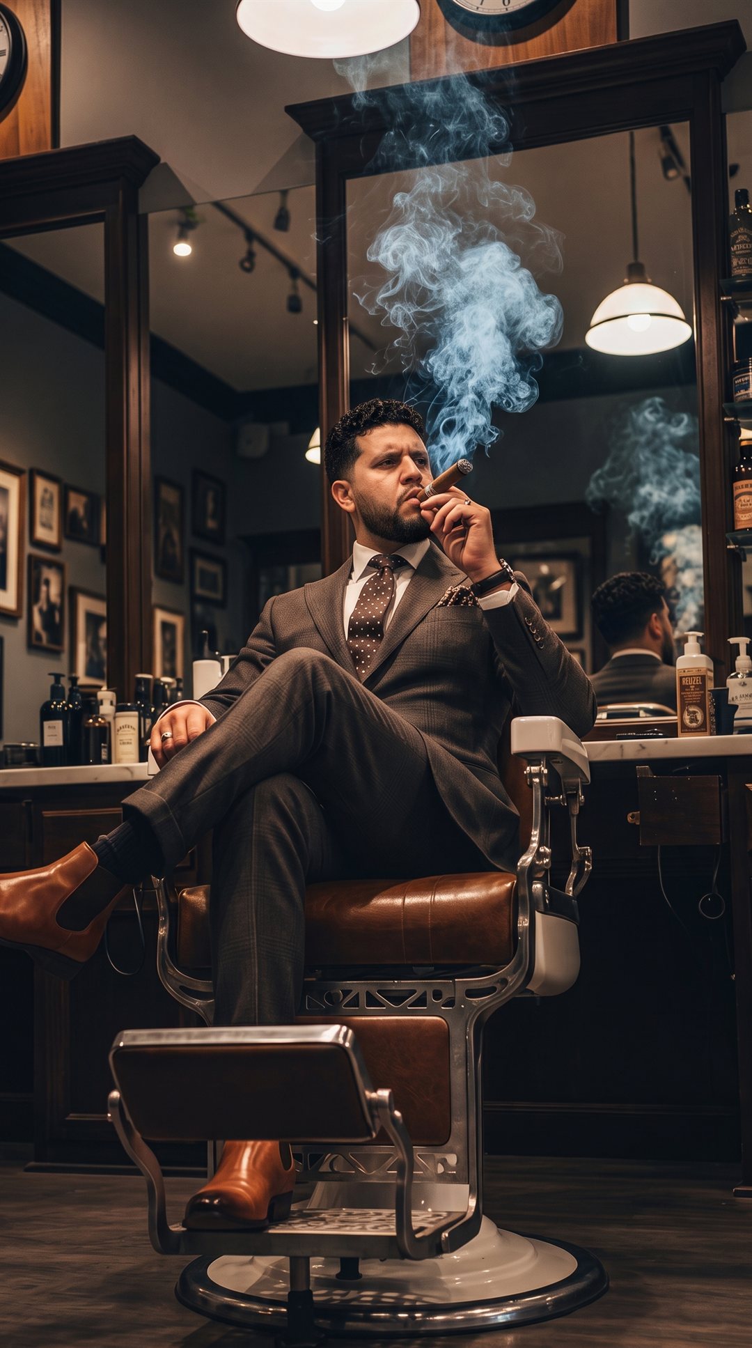 Ronny Barber seated in a leather barber chair, cigar in hand
